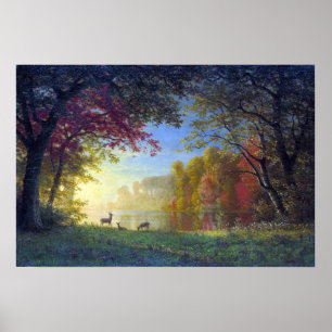 Affiche Bierstadt - Crépuscule indien Cerf au bord d'un la