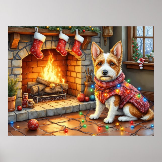 Affiche Biewer Terrier Cheminée avec Lumières de Noël (Devant)