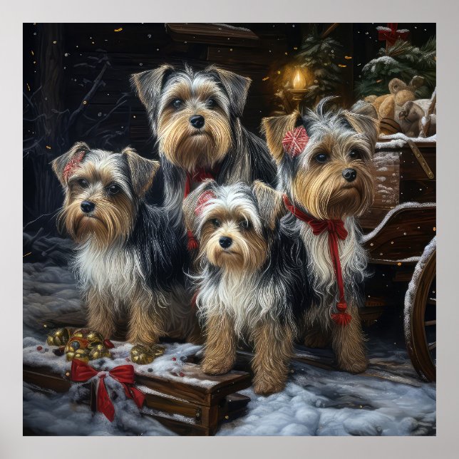 Affiche Biewer Terrier enneigé traîneau décor de Noël (Devant)
