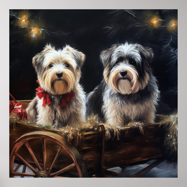Affiche Biewer Terrier enneigé traîneau décor de Noël (Devant)