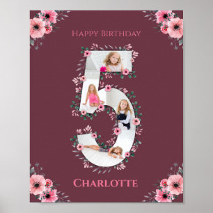 Affiche Big 5th Birthday Girl Photo Collage Fleur rose