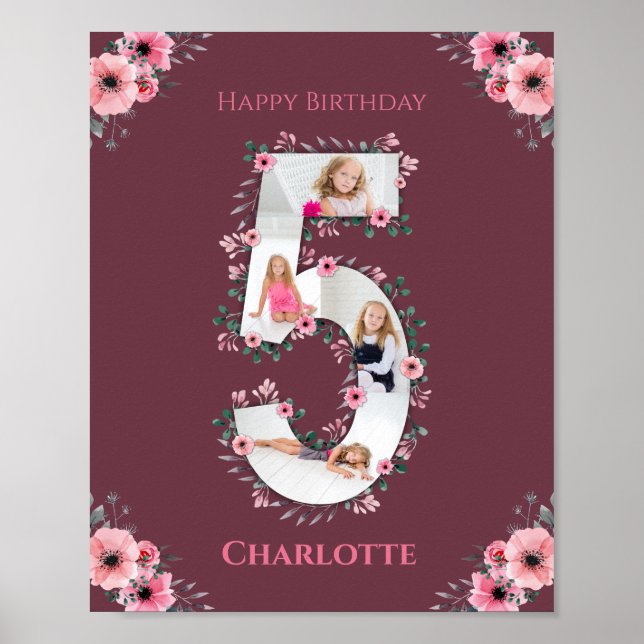 Affiche Big 5th Birthday Girl Photo Collage Fleur rose (Devant)