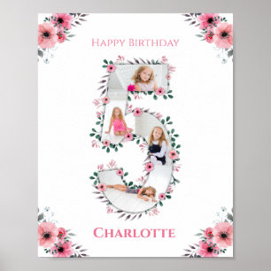 Affiche Big 5th Birthday Girl Photo Collage Fleur rose