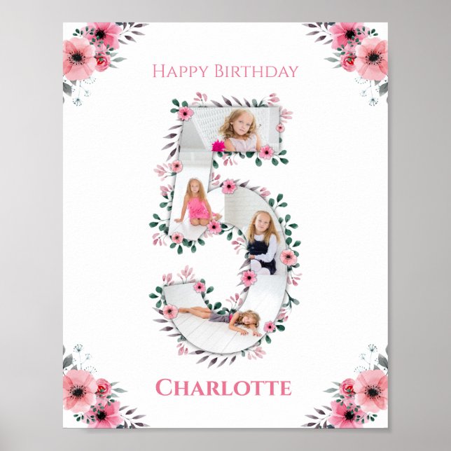 Affiche Big 5th Birthday Girl Photo Collage Fleur rose (Devant)