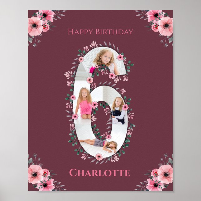Affiche Big 6th Birthday Girl Photo Collage Fleur rose (Devant)
