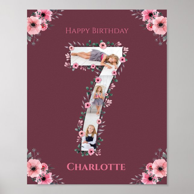 Affiche Big 7th Birthday Girl Photo Collage Fleur rose (Devant)
