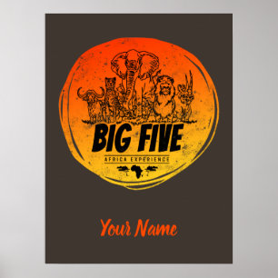 Affiche Big Five of Africa Safari Eléphant Vintage, Lion