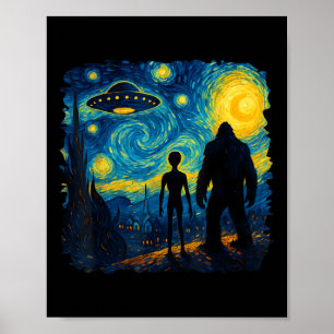 Affiche Bigfoot Alien Ufo Van Gogh Nuit Étoilée Sasquatch
