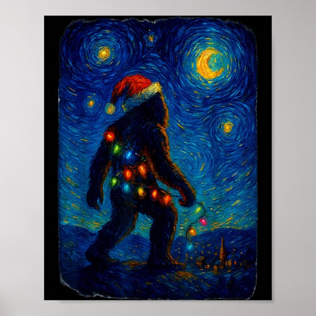 Affiche Bigfoot Christmas Sasquatch Santa Hat Starry Night (Devant)