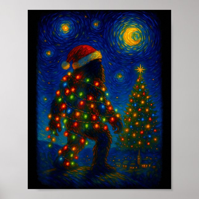 Affiche Bigfoot Christmas Sasquatch Santa Hat Starry Night (Devant)