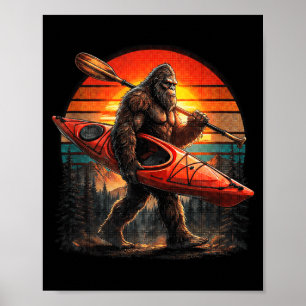 Affiche Bigfoot drôle en kayak au coucher du soleil rétro