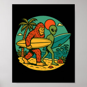 Affiche Bigfoot et alien surfant sur l'art de plage vintag