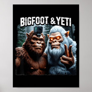 Affiche Bigfoot et yeti selfie forêt rétro nature