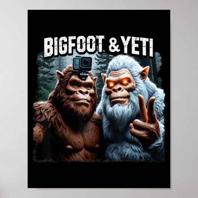 Affiche Bigfoot et yeti selfie forêt rétro nature (Devant)