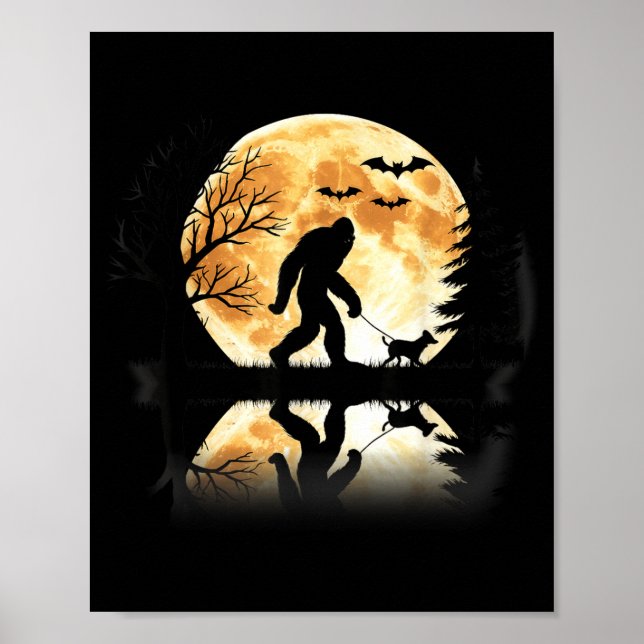 Affiche Bigfoot marchant avec un chien lune drôle d'Hallow (Devant)