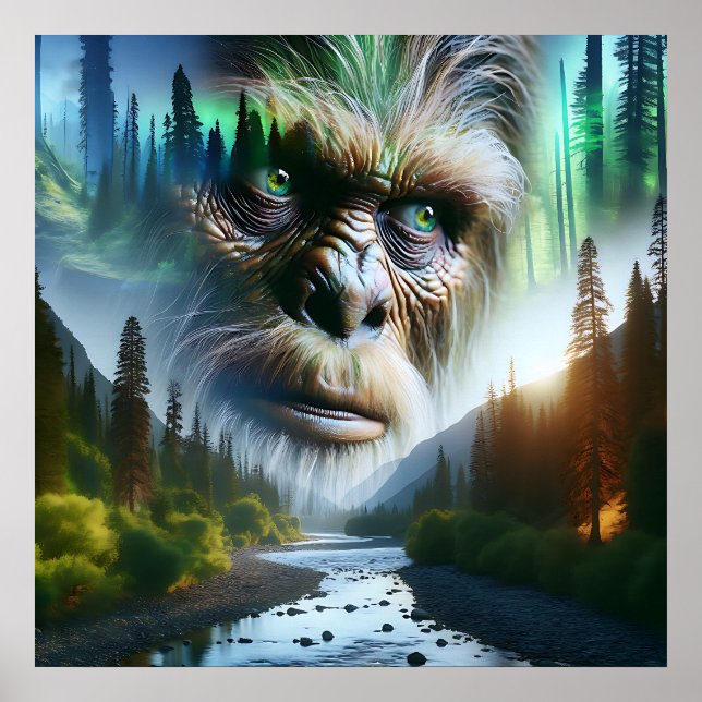 Affiche Bigfoot, montagnes, rivière et forêt (Devant)