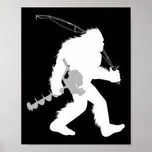 Affiche Bigfoot Pêche Glace Yeti Pêcheur Avec Forage Un