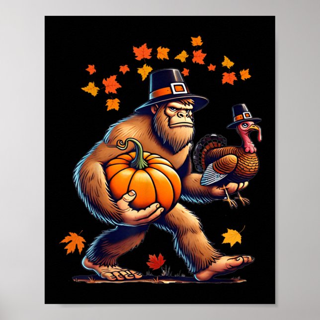 Affiche Bigfoot Pilgrim Hat Turkey Day Pumpkin Thanksgivin (Devant)