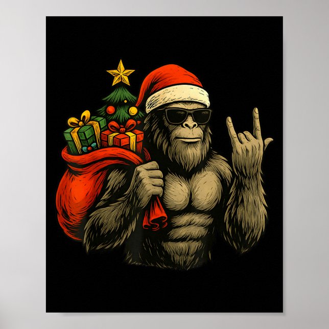 Affiche Bigfoot Santa Christmas Tree Rock On Funny Xmas Sa (Devant)