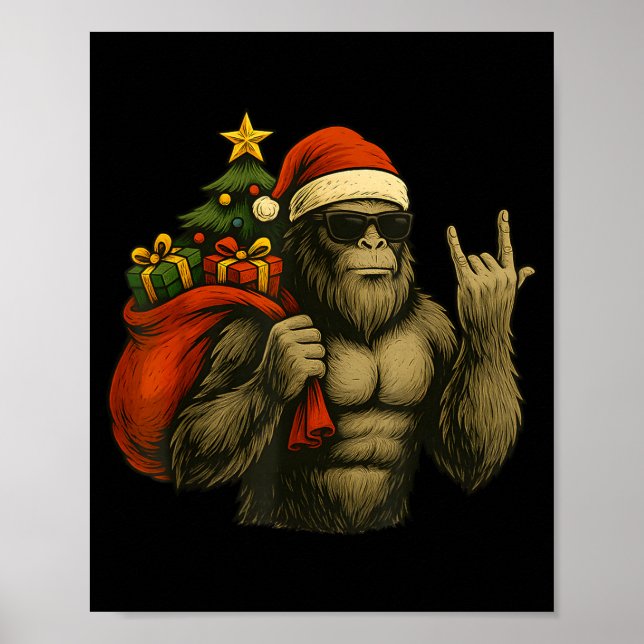 Affiche Bigfoot Santa Christmas Tree Rock On Funny Xmas Sa (Devant)