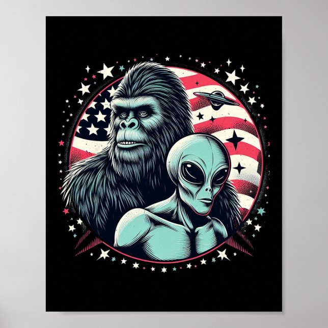 Affiche Bigfoot Sasquatch Alien Amp Bigfoot Usa Drapeau Fa (Devant)