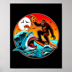 Affiche Bigfoot Surfant Mangeant une Pizza Requin Attaque