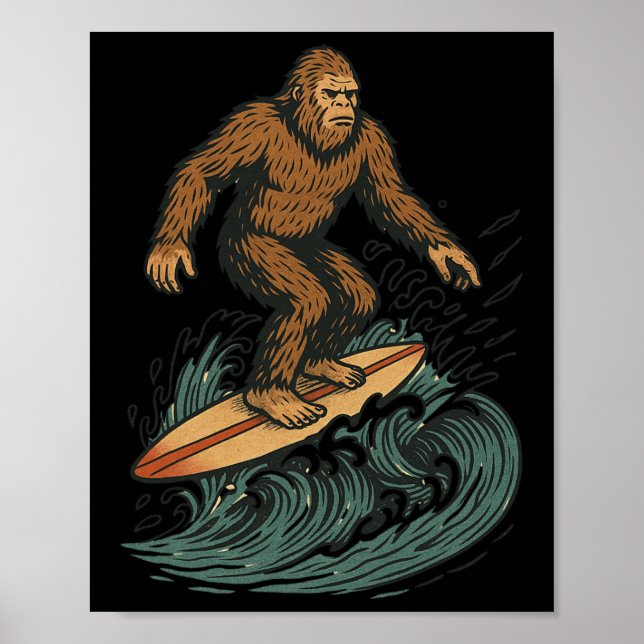 Affiche Bigfoot Surfant Rétro Plage Art Cryptide Pour L'ét (Devant)