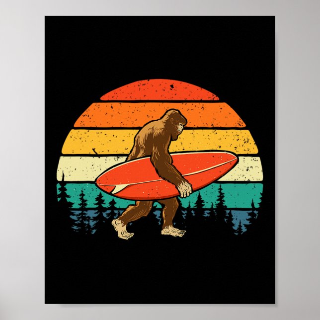 Affiche Bigfoot Surfer - Planche de surf rétro Surfant sur (Devant)