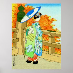 Affiche Bijin et érable rouge Hasegawa Sadanobu III 1950s