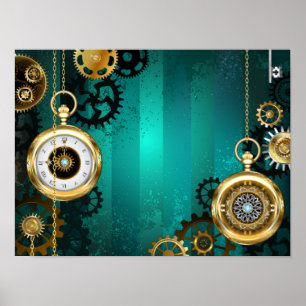 Affiche Bijou Montre Steampunk sur un Fond Vert