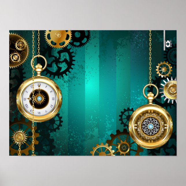 Affiche Bijou Montre Steampunk sur un Fond Vert (Devant)