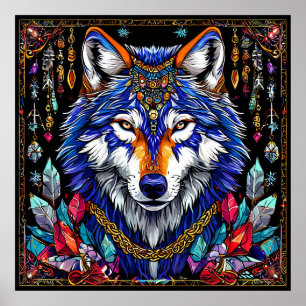 Affiche Bijoux Loup Coloré Art Animalier Fantastique Sauva