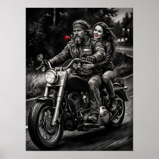 Affiche Biker Couple Motorcycle Night Ride Romance 