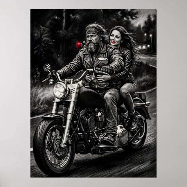 Affiche Biker Couple Motorcycle Night Ride Romance  (Devant)