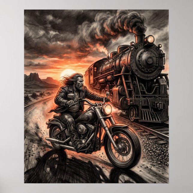 Affiche Biker Races Steam Train Desert Sunset Charcoal Art (Devant)