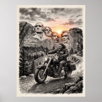 Affiche Biker Rides Past Mount Rushmore Presidents Sunset 