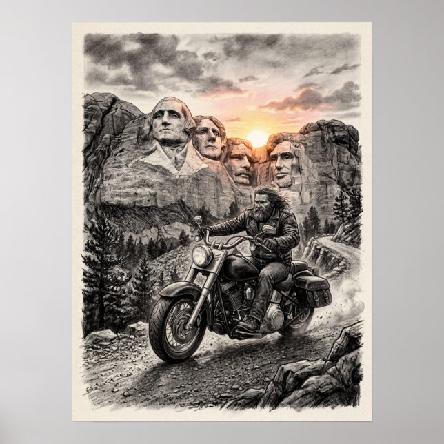 Affiche Biker Rides Past Mount Rushmore Presidents Sunset  (Devant)
