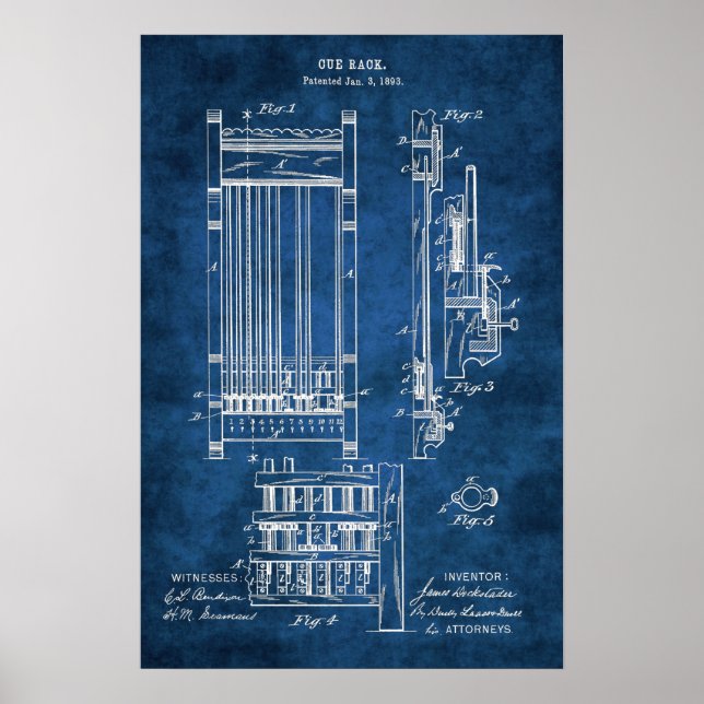 Affiche Billard Cue Rack Brevet Art #13 Pool Decor (Devant)