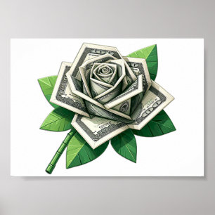 Affiche billet de cent dollars origami art rose