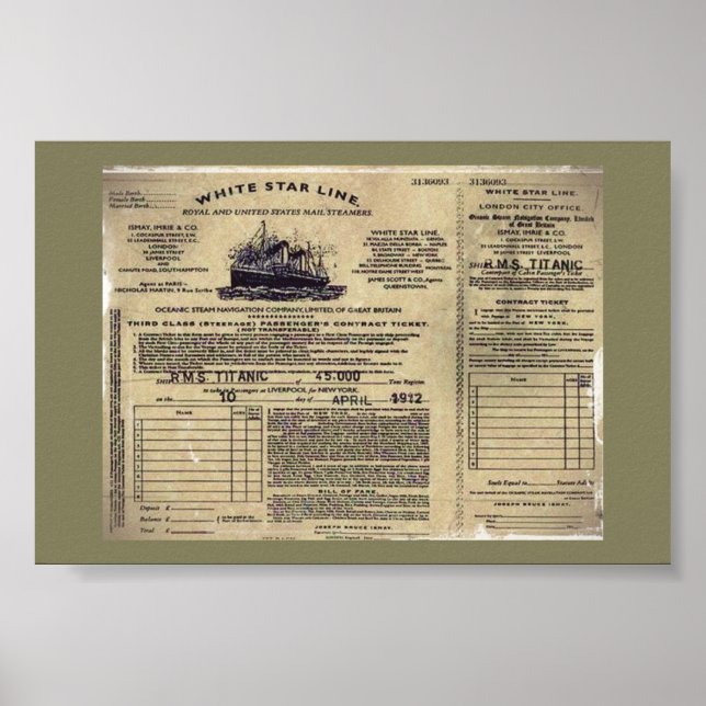Affiche Billet pour RMS Titanic 1912 (Devant)