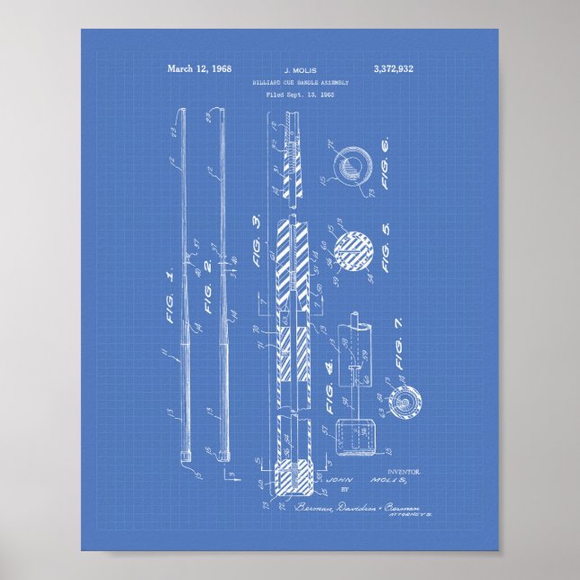 Affiche Billiard Cue Handle 1968 Patent Art - Blueprint (Devant)