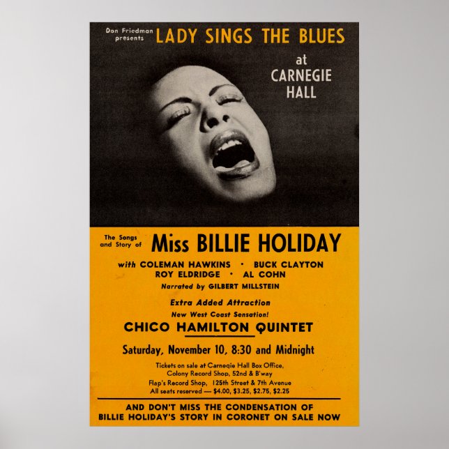 Affiche Billie Holiday Carnegie Hall Concert Jazz Vintage (Devant)