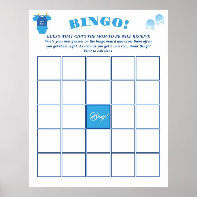 Affiche Bingo Boy Baby shower Prédiction et conseil. (Devant)