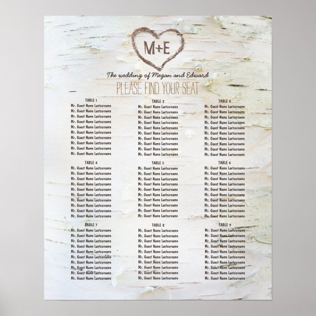 Affiche Birch Bark Heart Rustic Mariage Sein Chart (Devant)