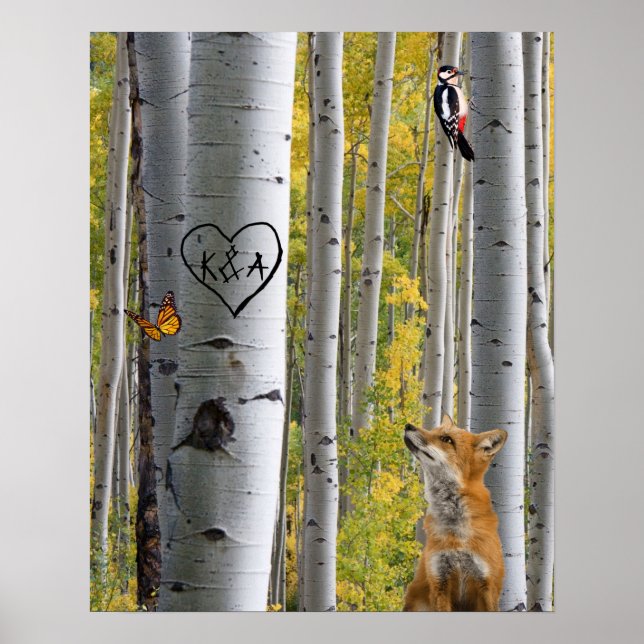 Affiche Birch Tree Rustic Personnalisé gravé avec Fox (Devant)