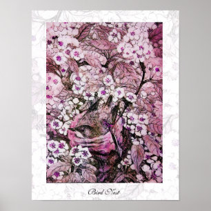 Affiche BIRD NEST, blanc rouge rose violet