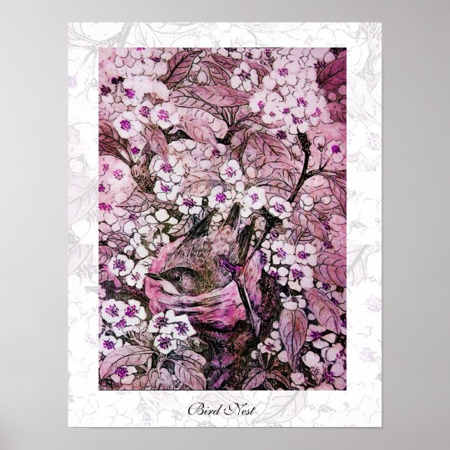 Affiche BIRD NEST, blanc rouge rose violet (Devant)