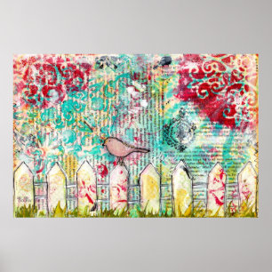 Affiche Bird on White Picket Fence Médias mixtes Imprimer