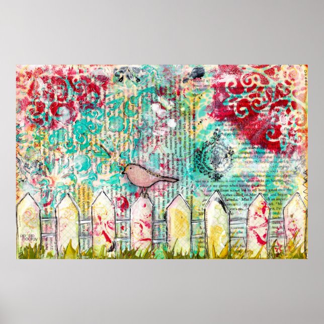 Affiche Bird on White Picket Fence Médias mixtes Imprimer (Devant)