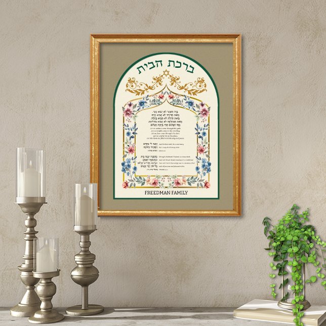 Affiche Birkat Habayit Hébreu Anglais Floral sur Taupe (Birkat Habayit Hebrew English Jewish Home Blessing on Taupe Background)